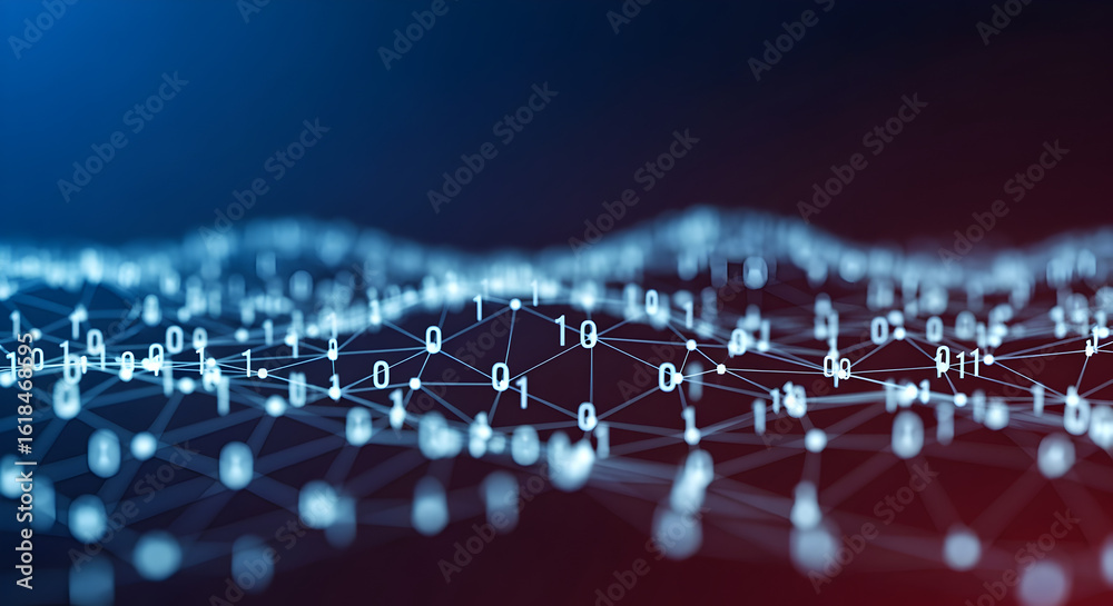 Fototapeta premium Digital Binary Code Network on Blue and Red Gradient Background Perfect for Technology Concepts