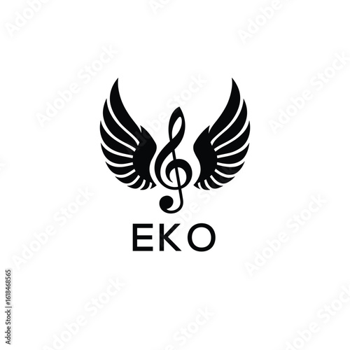Creative Music Logo with Treble Clef and Wings –EKO Musical Brand Identity Design. EKO Letter Logo.
