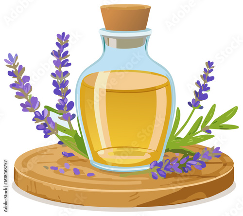Lavender essential oil in clear bottle with cork stopper on wooden stand with lavender flowers and leaves