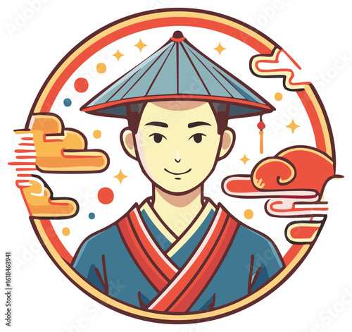 Cartoon illustration of a person in traditional clothing wearing a conical hat within a circle.