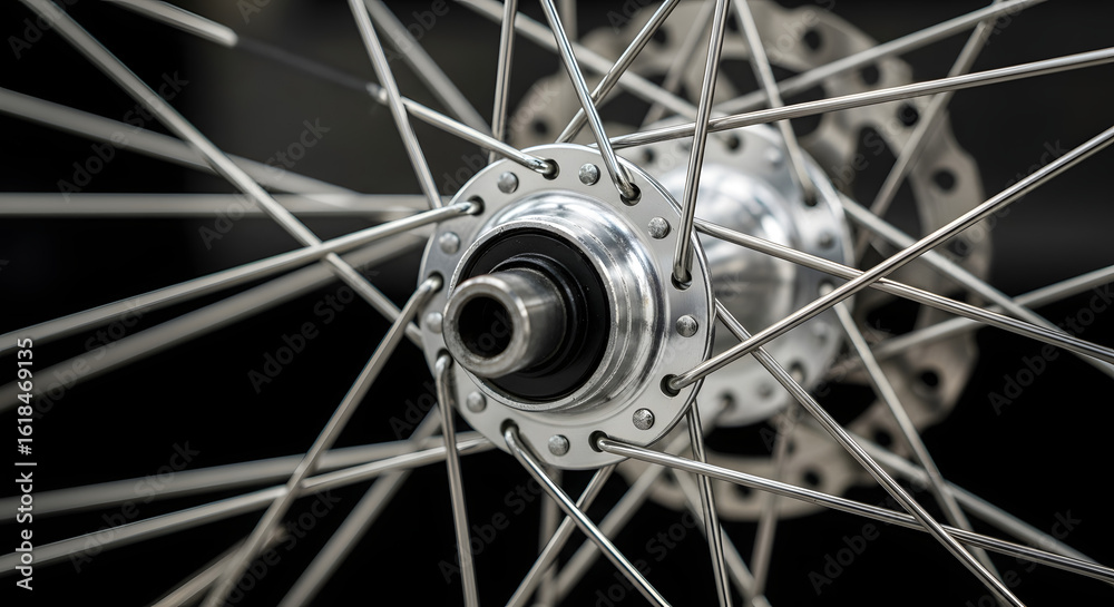 Obraz premium Extreme close-up of bicycle wheel hub and spokes, symmetry and metallic shine. 