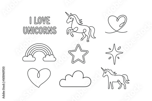 Unicorns Rainbow Star Heart Cloud Line Art vector