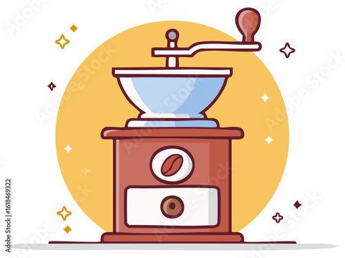 Retro hand crank coffee grinder mill cartoon vector icon for fresh coffee brewing