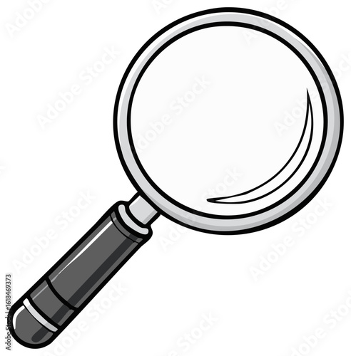 Magnifying glass illustration with black handle and silver frame for inspection and search concepts