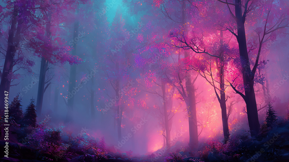 Obraz premium Fantasy forest with glowing trees and pastel mist, ethereal lighting, dreamlike atmosphere