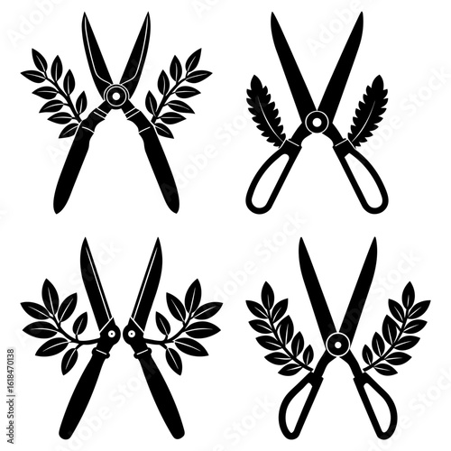 Four black and white garden shears with foliage in various arrangements and orientations on white background