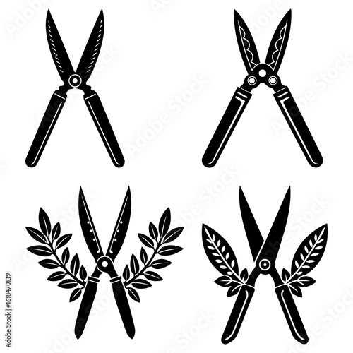 Illustration of four different hedge shears in black and white with foliage decorations on some of them