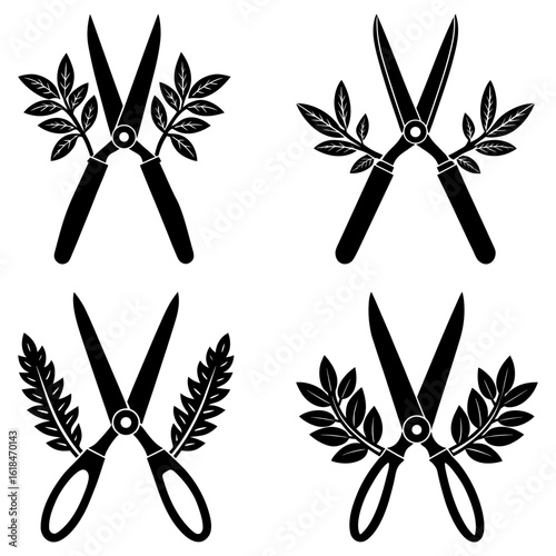 Illustration of four black gardening shears crossed with leafy branches on a white isolated background