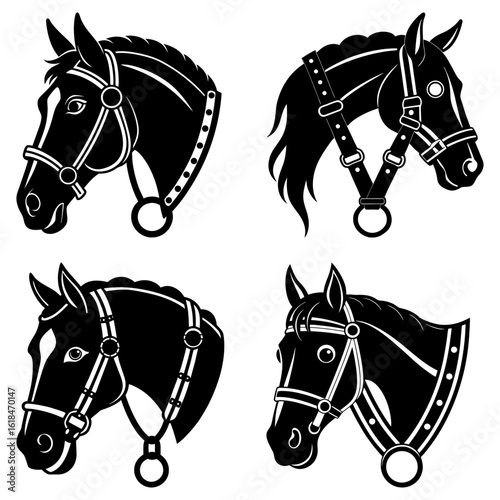 Four horse heads with different bridles in black and white vector illustration equine animal design