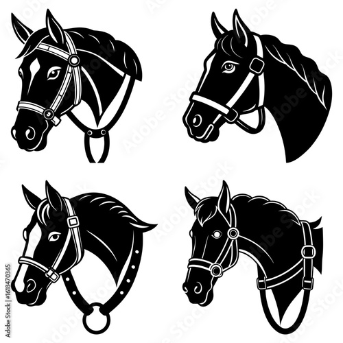Collection of four black and white horse head illustrations with various bridle designs displayed