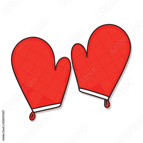 Red quilted oven mitts with white trim and hanging loops vector
