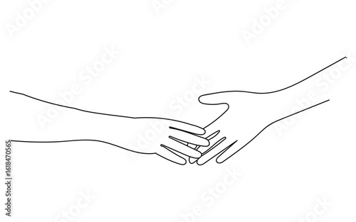 Continuous one line art of romantic or helping concept, Two hands reaching out towards each other drawn by continuous one line. 