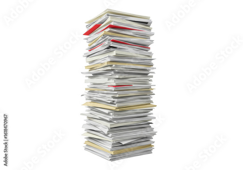 Tall stack of paper documents and files isolated on transparent background