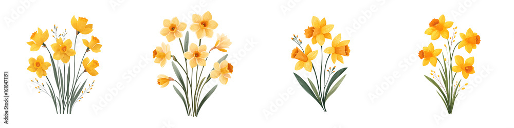 Fototapeta premium Yellow Daffodils: Watercolor Spring Flowers Illustration Set
