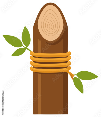 Symbolic illustration of a natural wooden post with coiled rope and thriving green foliage