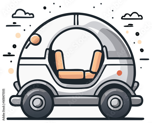 Cartoon transportation illustration, two-seater electric vehicle illustration and cloud scene
