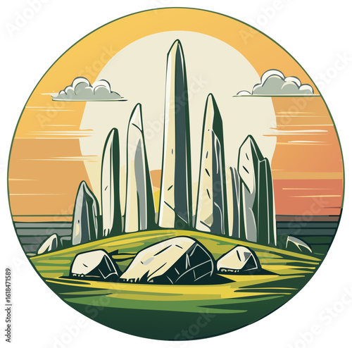 Mystical Stone Circle Artwork with Ancient Monoliths and Sunset Landscape