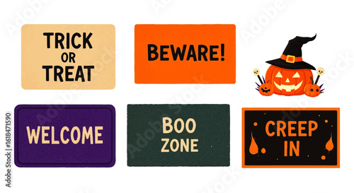 Spooky Halloween doormat and sign collection with a smiling jack-o-lantern wearing a witch hat.