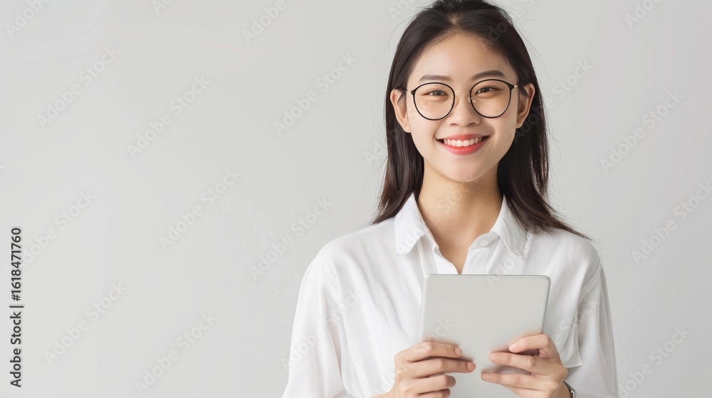 Image of young asian woman, company worker in glasses, smiling and holding digital tablet, standing over white background. Image of young asian woman, company worker in glasses, smiling and holding digital tablet, standing over white background.