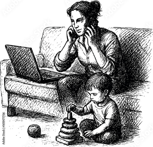 Parent remote work multitasking sketch. Working from home while child plays, family-work balance scene drawing.