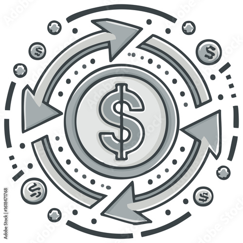 Money Flow Concept Design with Dollar Symbol and Arrows Showing Circulation