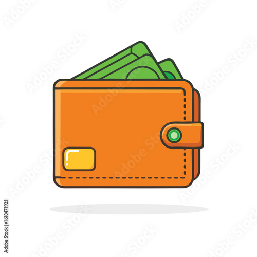 Orange wallet with green bills and yellow card slot money cash
