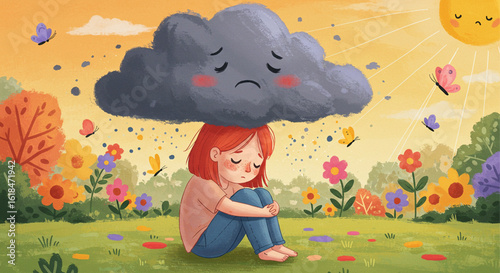 Metaphorical illustration of a girl experiencing sadness under a personal storm cloud in a beautiful, sunny flower field. Mental health concept.