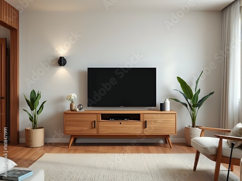 mid century modern living room with wood console, minimalist plants, retro shapes, warm tones, vintage inspired home decor
