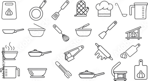 Cooking Tools Line Icons – Knife, Pan, Spoon, Fork, Pot, Whisk, Rolling Pin Vector Set