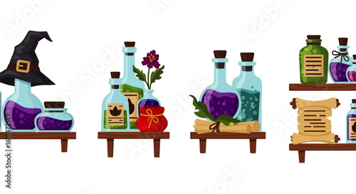 Witchcraft laboratory shelves with colorful glass potion bottles scrolls and a black hat.