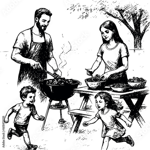 Family barbecue gathering sketch. Backyard scene with grilling and children playing, casual summer family time.