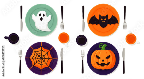 Spooky Halloween Dinner Plates with Ghost Bat Spiderweb Jack-o-Lantern Designs.