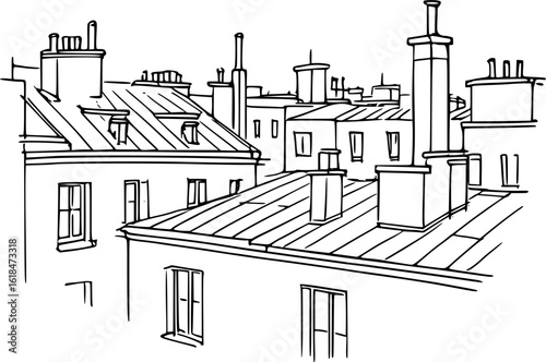 Rooftop city view sketch. Urban skyline in hand-drawn vector style, isolated on white.