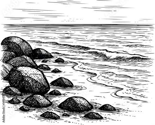 Seashore landscape sketch. Hand-drawn rocky coast and ocean waves vector, isolated on white.