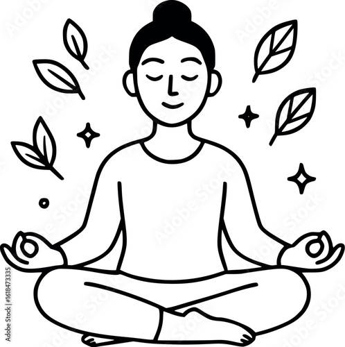 Mindfulness and meditation sketch. Person in lotus pose with peaceful elements, vector isolated on white.