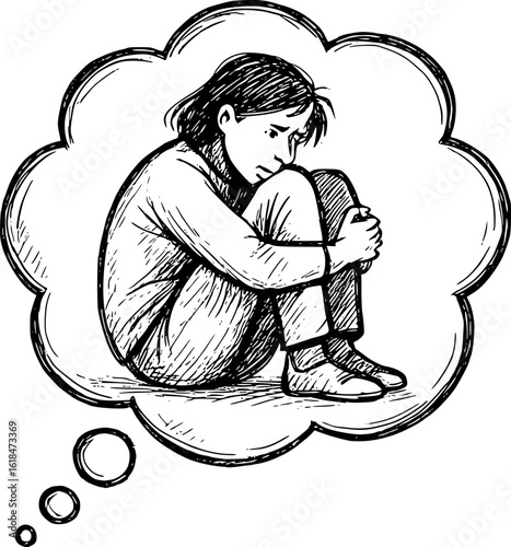 Anxiety and overthinking sketch. Thought bubble concept vector for mental health awareness, isolated on white.