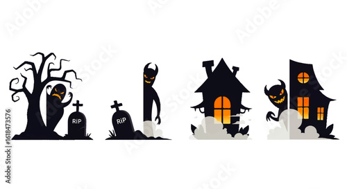 A collection of flat vector Halloween illustrations featuring spooky ghosts horned devils haunted houses and graveyard tombstones with glowing orange details.