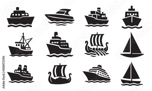Ship and boat icon set. Vector glyph silhouettes for marine transport, travel, and logistics. Includes cruise ship, cargo freighter, sailboat, and historic Viking longship.