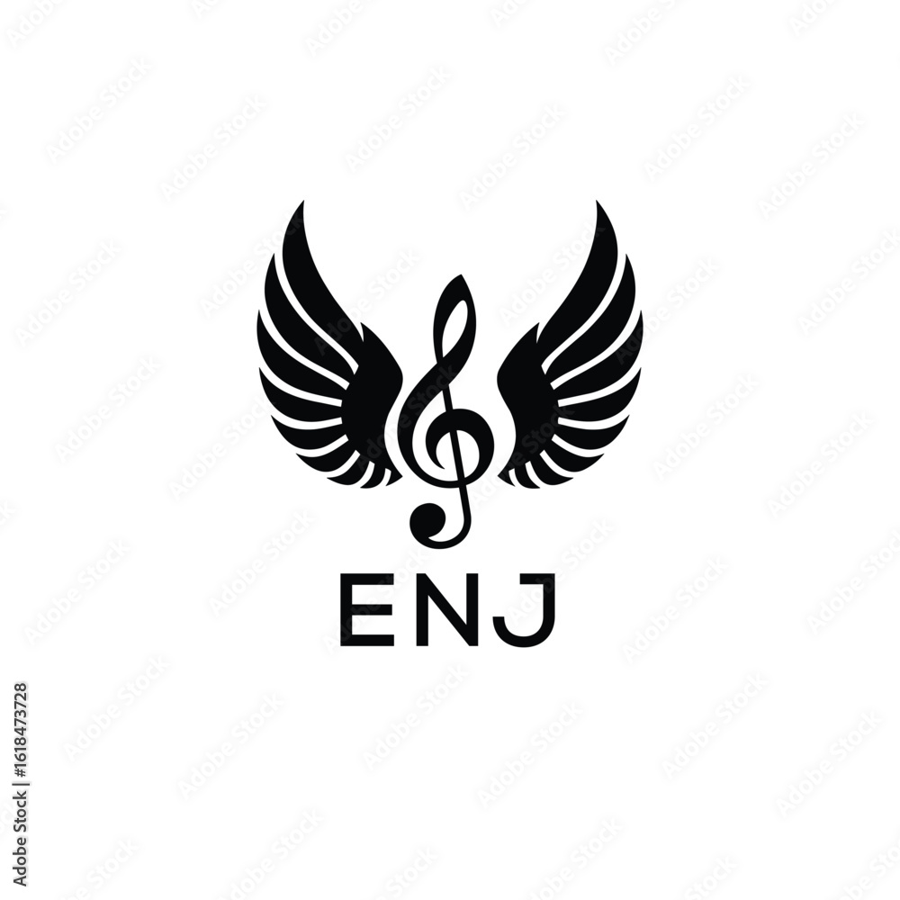 Obraz premium Creative Music Logo with Treble Clef and Wings –ENJ Musical Brand Identity Design. ENJ Letter Logo. 
