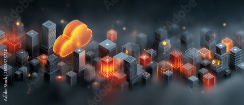 A futuristic, dark cityscape with glowing orange buildings and a prominent illuminated cloud icon, symbolizing cloud computing and data in a digital environment.