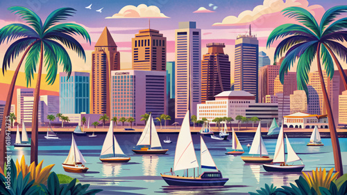 Vector banner of San Diego harbor with sailboats, palm trees, city skyline, and a seaside boardwalk. Ideal for USA coastal, travel, and tourism themes