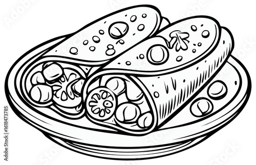 Black and white illustration of two tacos filled with chickpeas on a plate