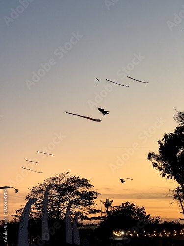 Kites on the sunset sky in Sanur beach, Bali, Indonesia