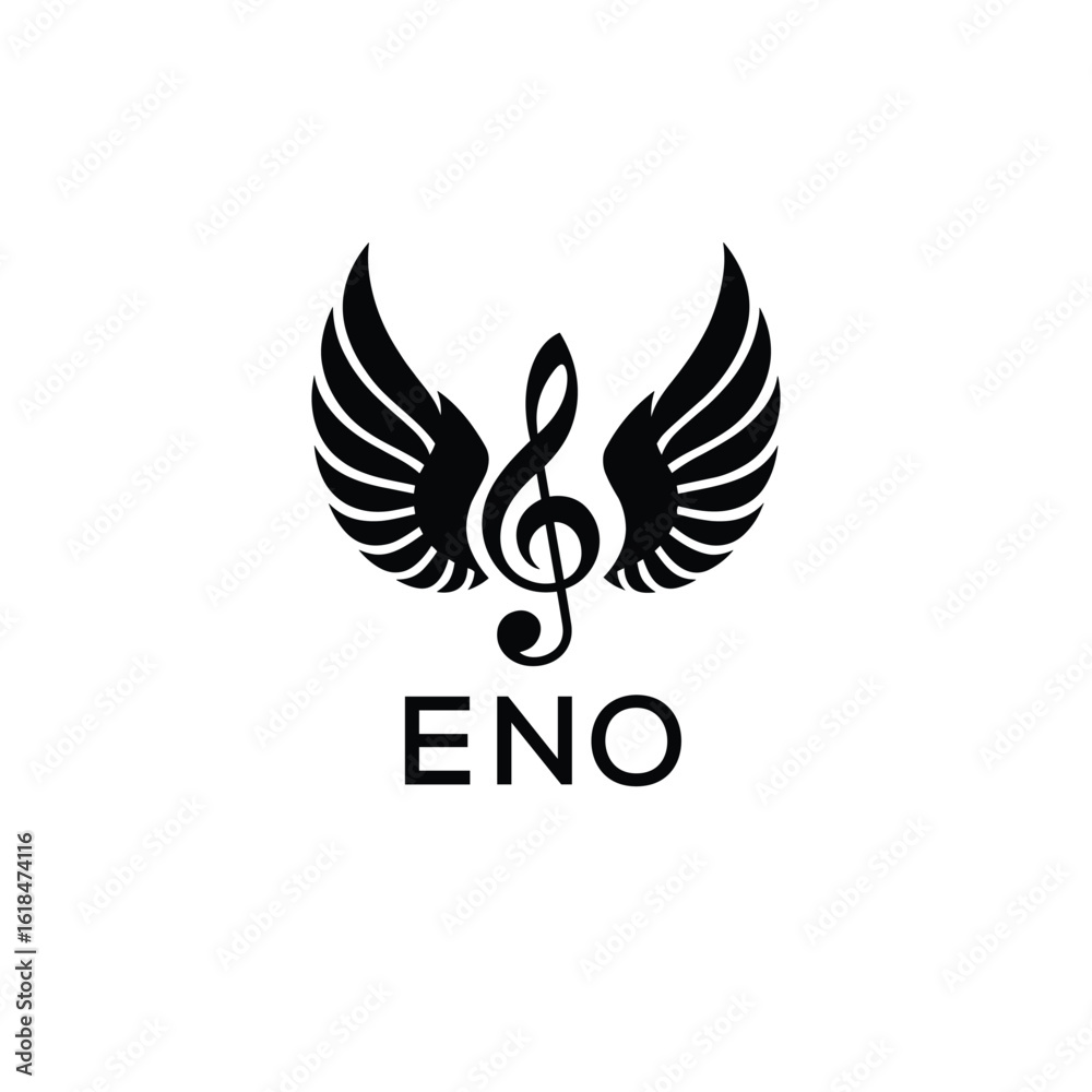 Obraz premium Creative Music Logo with Treble Clef and Wings –ENO Musical Brand Identity Design. ENO Letter Logo. 
