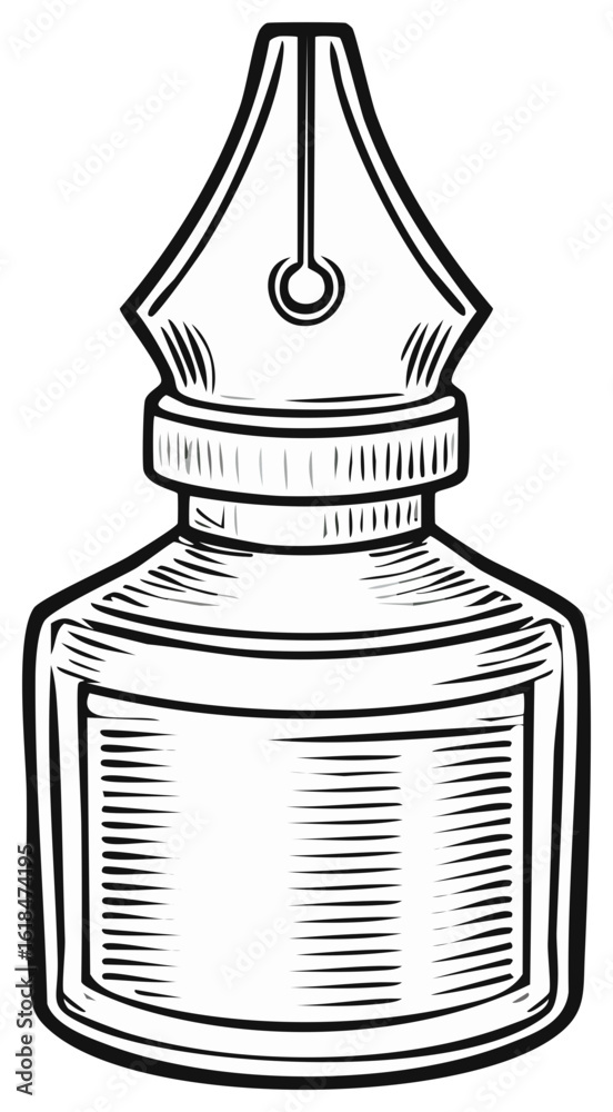 Obraz premium Vintage ink bottle with a fountain pen nib for a cap, a retro woodcut style illustration.