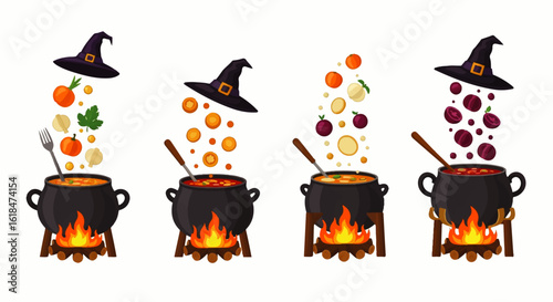 Four Halloween Witch Cauldrons with Bubbling Potions and Falling Ingredients.