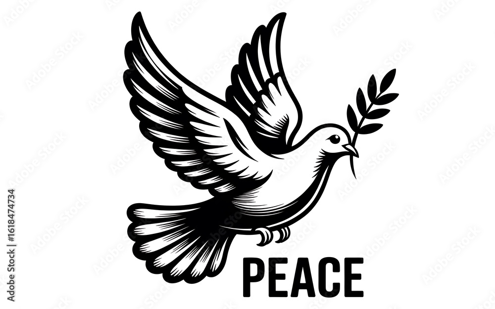 Fototapeta premium Monochrome Dove with Olive Branch Illustration Symbolizing Peace Hope and New Beginnings Ideal for Emblems Logos and Awareness Campaigns