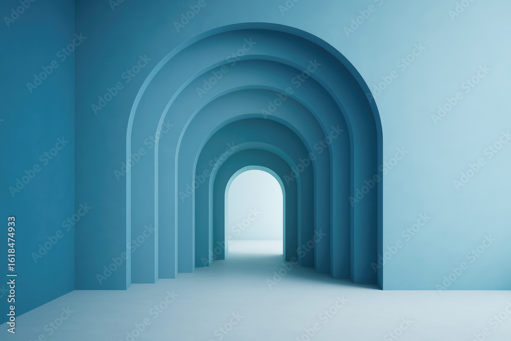 Fototapeta premium Multiple blue arches create a serene passageway leading to a light-filled space in a minimalist interior design setting