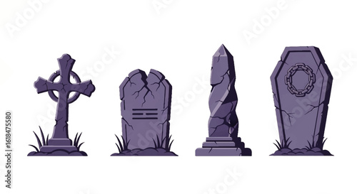 A collection of four old cracked stone gravestones including a Celtic cross and a coffin-shaped tombstone.