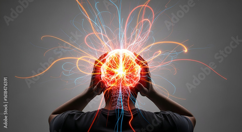 A person's head with an illuminated brain, surrounded by energy lines, symbolizing mental exertion or stress.
